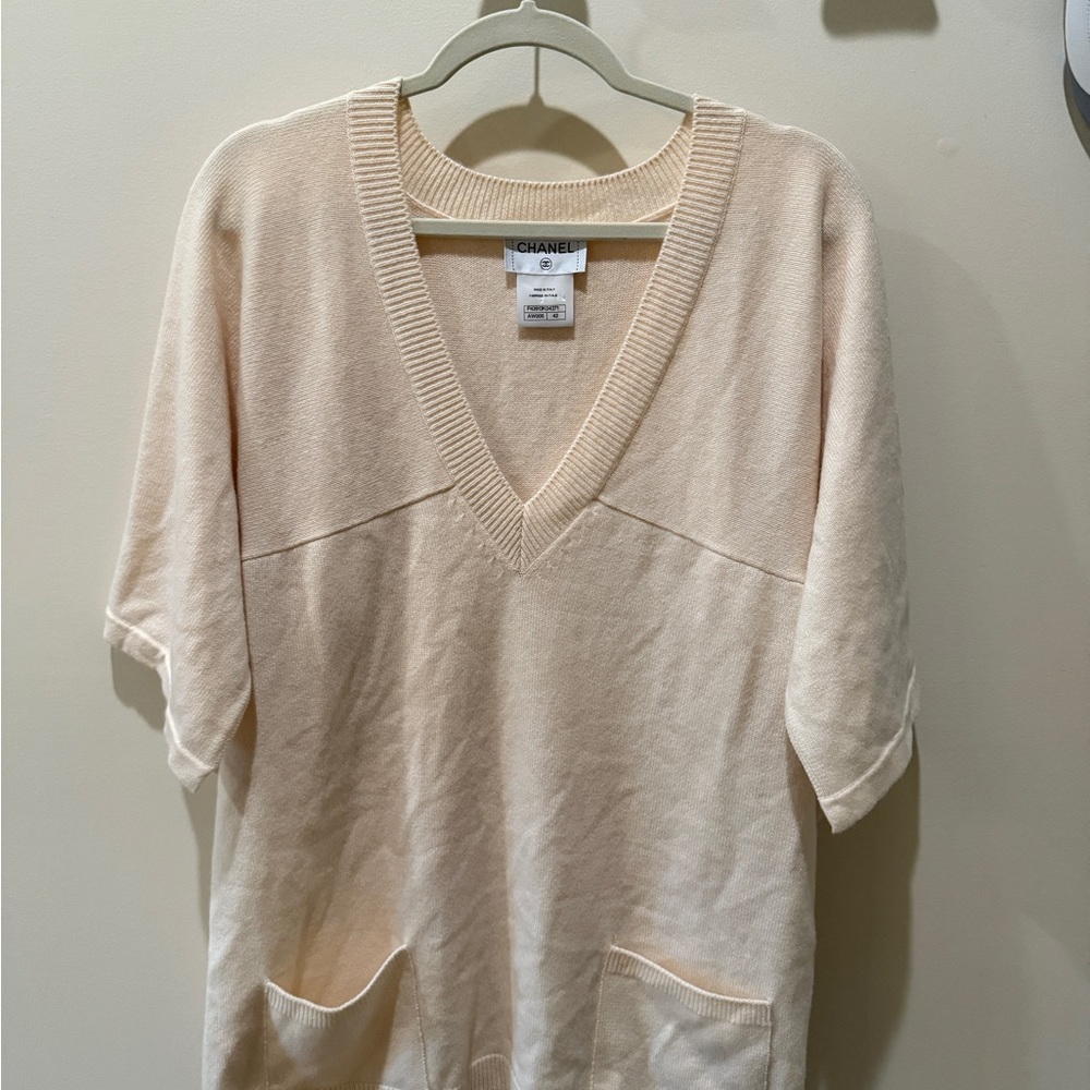 CHANEL Beige V-Neck Knit Top